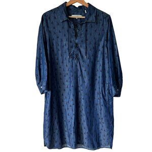 Foxcroft Sz 12 Tencel Popover Shirt Dress Nautical Sailboats Summer Relaxed Blue